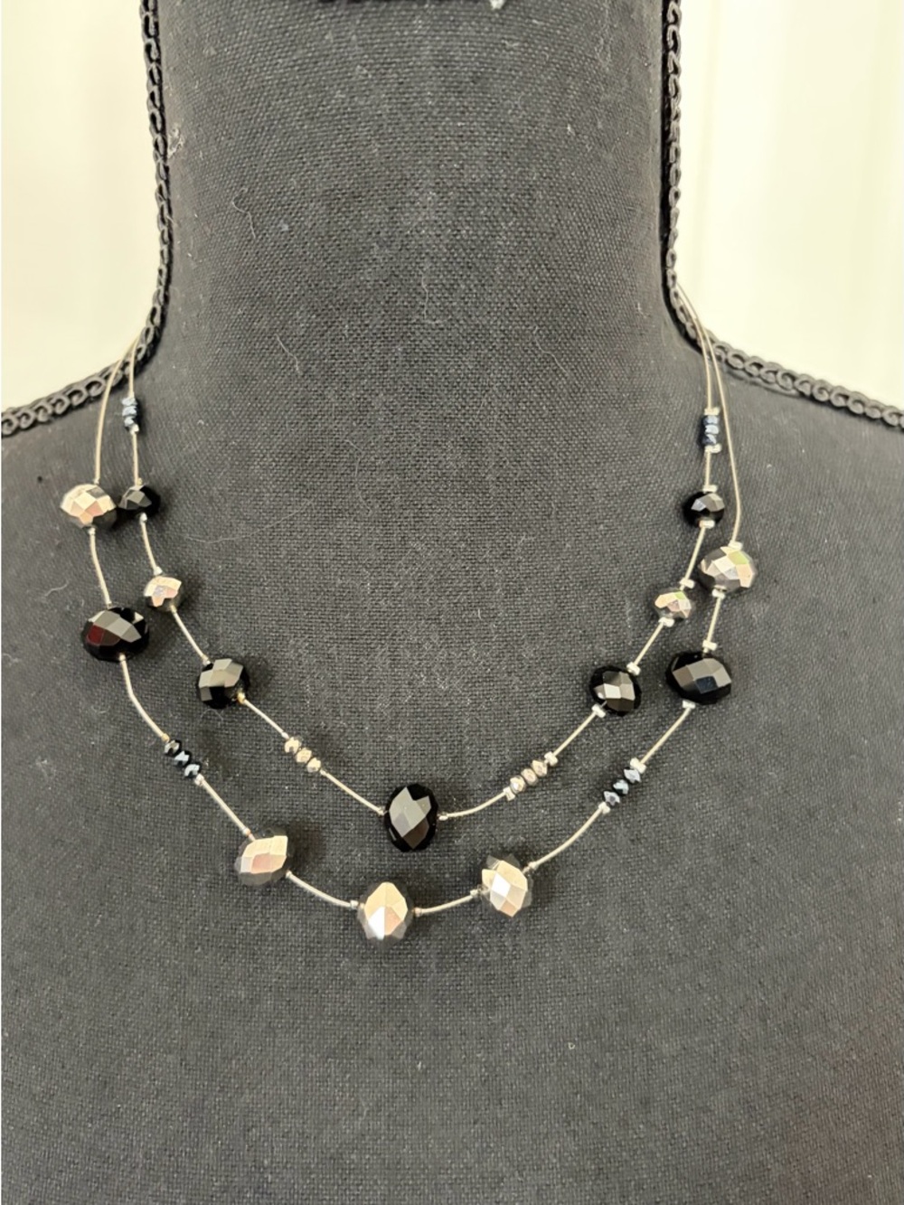 Layered Silver Tone & Faceted Black Crystal Bead Illusion Necklace
